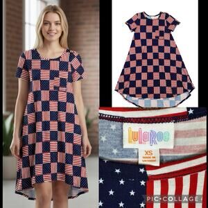 LULAROE Size XS Patriotic Flag Dress, Short Sleeve, Stars & Stripes A003